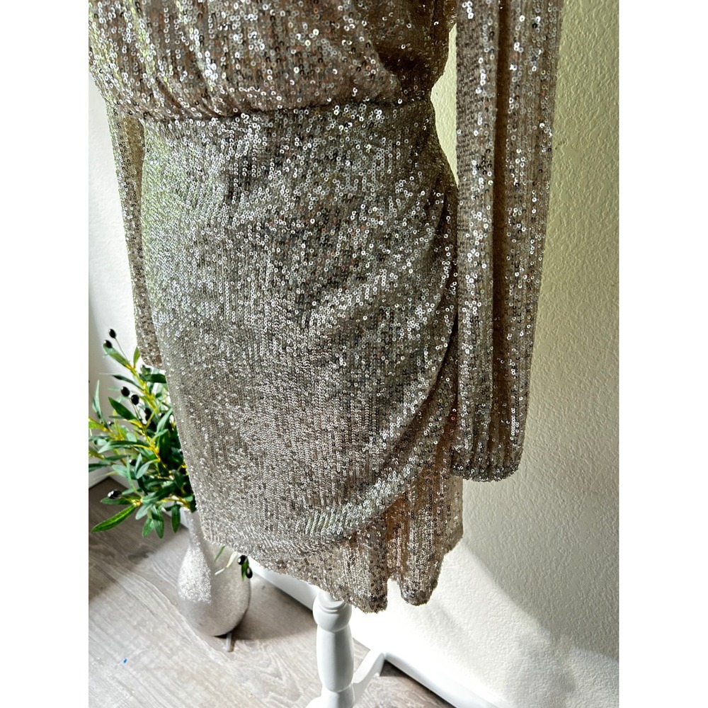 Rose Gold Sequin Mock Neck Long Sleeve Tulip Mini‎ Dress Deadstock - Picture 4 of 5